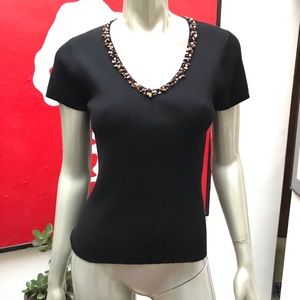 AUGUST SILK KNITS beautiful adorned neckline L